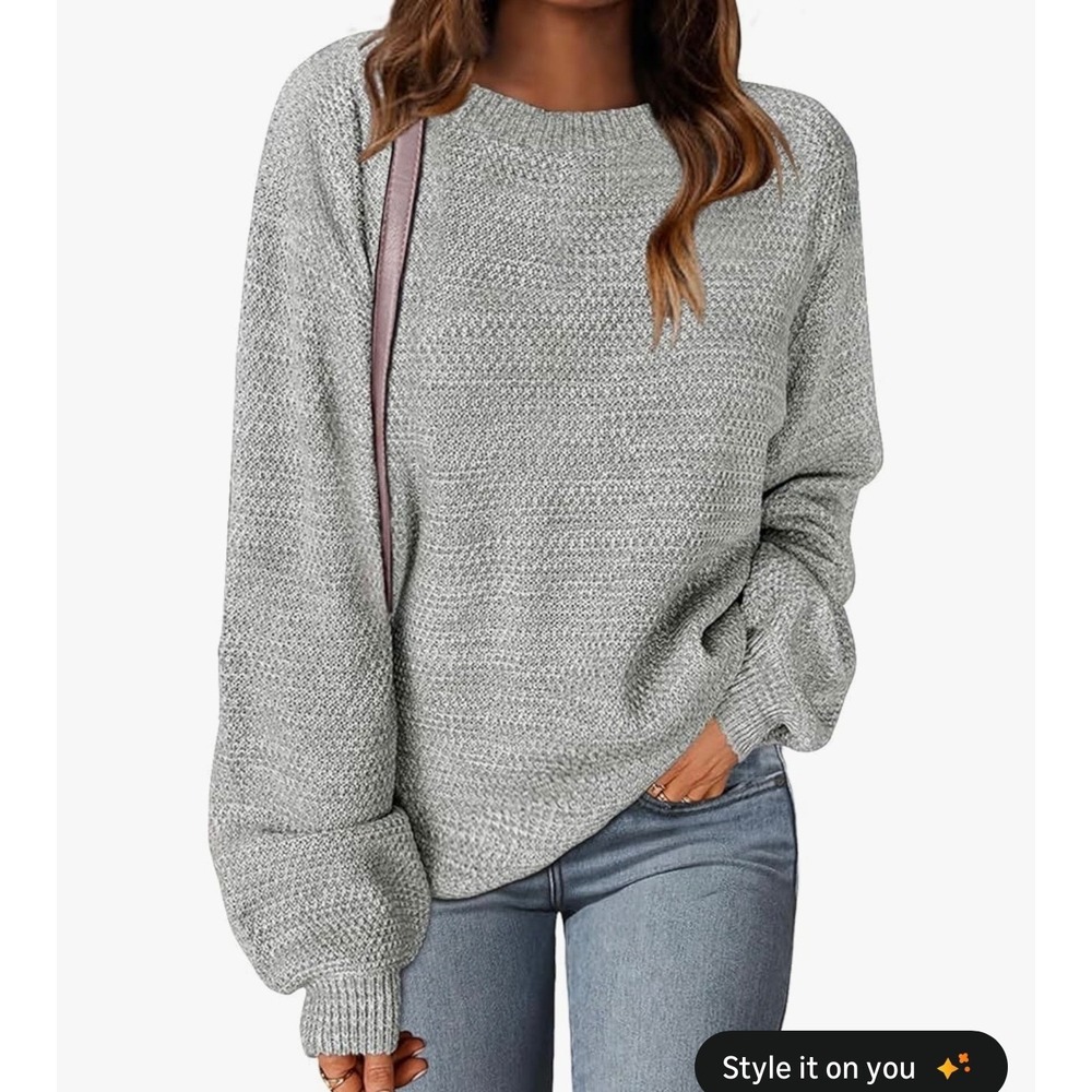 MEROKEETY Womens Oversized Crewneck Sweater Lantern Sleeve Popcorn Knit Grey L